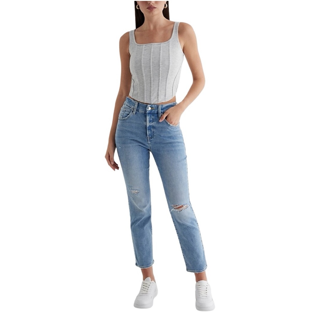 NWOT Express High Waisted Medium Wash Ripped FlexX Ankle Straight Jeans, Small R - Picture 13 of 13